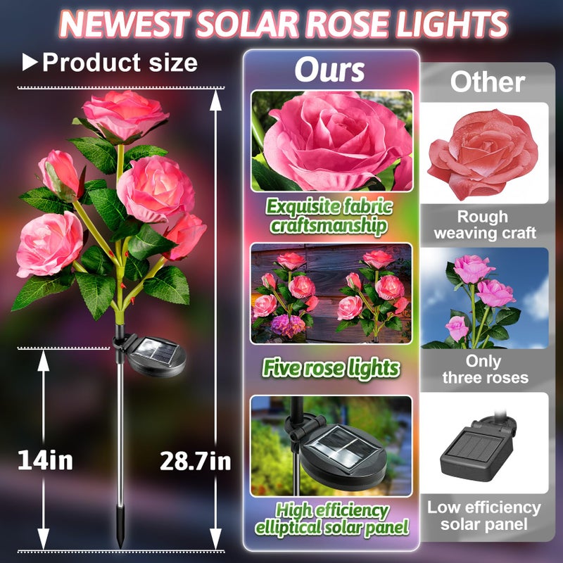 Anordsem Solar Garden Lights Outdoor: 10 Waterproof Fabric Roses Flower 2 Pack - LED Pink Landscape Lighting for Yard Cemetery Decorative - Christmas Gifts for Mom Homeowner Over 30 - Image 3